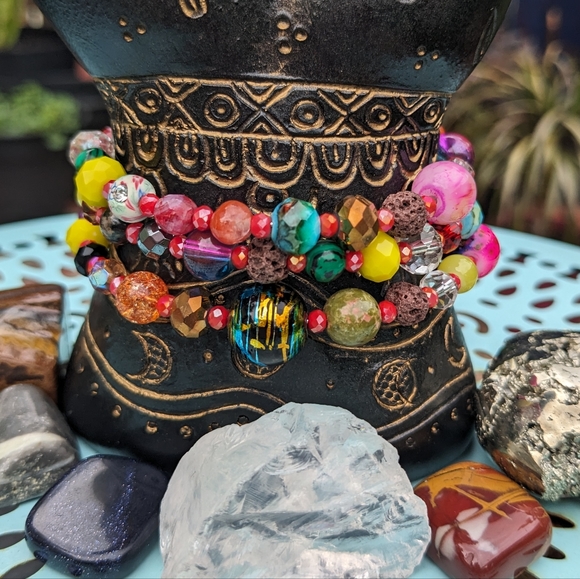 Jasper Agate Crystals Beaded Bracelet Handmade Festival Colorful Rainbow Quartz - Picture 3 of 13